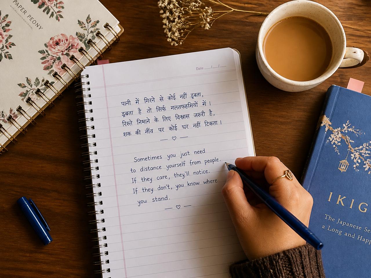 Flatlay of hand writing Hindi and English handwriting with chai